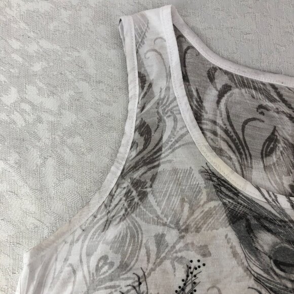 Forever 21 White and Gray Sleeveless Tank Top with Peacock Graphics and Sequins - Picture 5 of 12